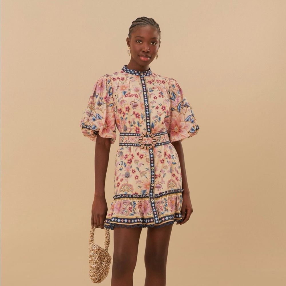 FARM RIO CREAM SUPERBLOOM TAPESTRY BELTED MINI DRESS $230 New with tag